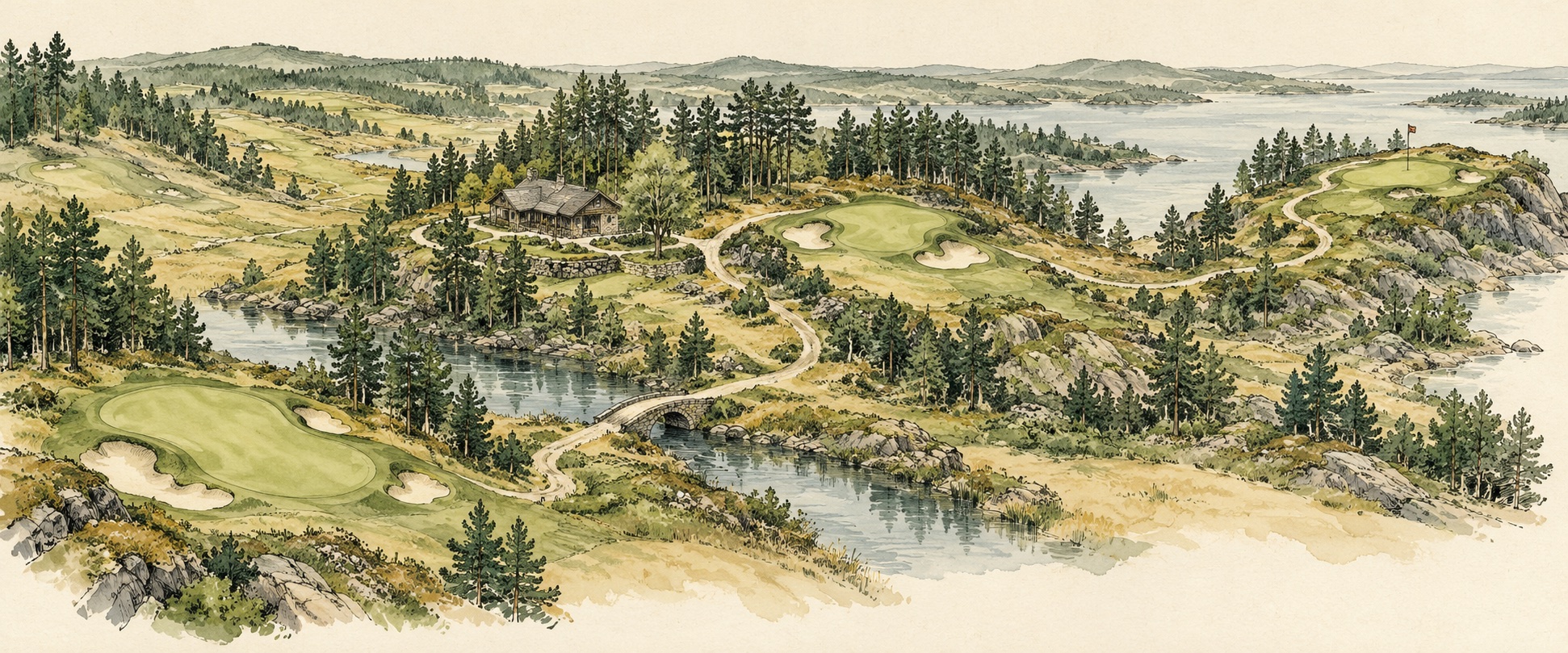Watercolor golf course winding through woodland, greens and a clubhouse.