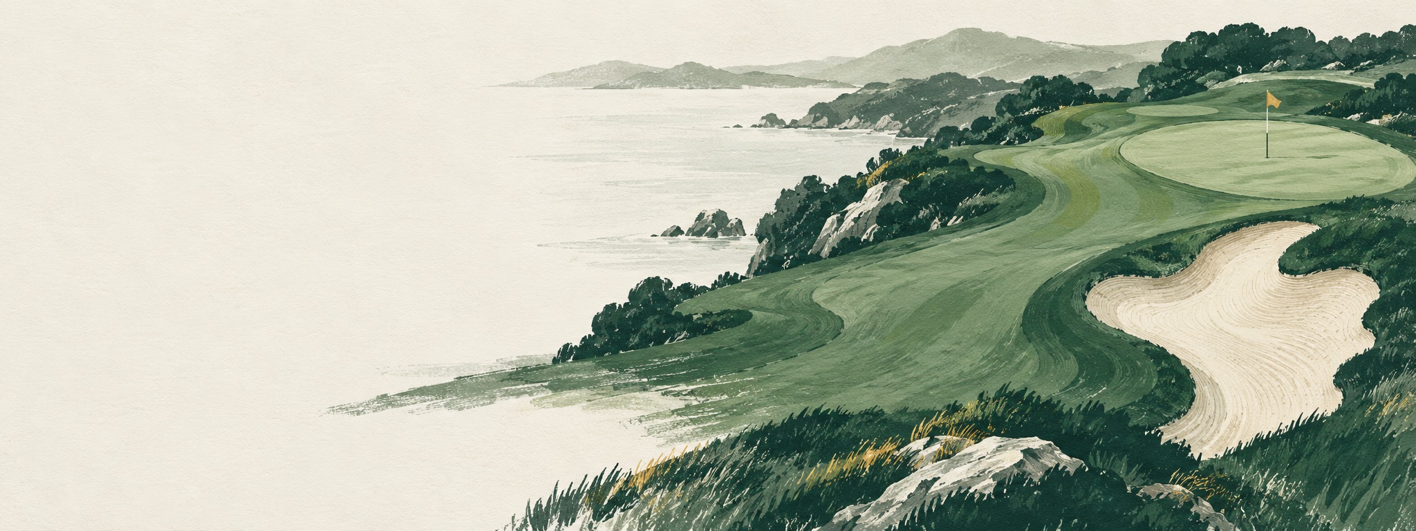 Hand-drawn golf landscape with fairways, trees and a clubhouse.